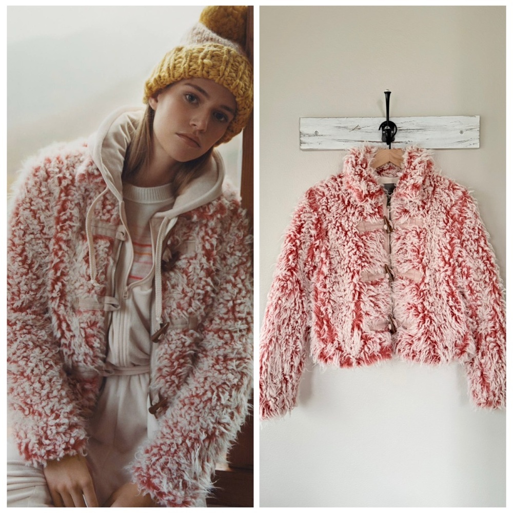 ANTHROPOLOGIE XS Brenna Faux Fur Coat in Pink • Coral Fuzzy Furry Toggle Jacket